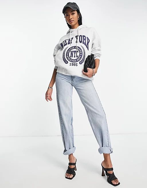 ASOS DESIGN oversized hoodie with new york sports print in gray | ASOS (Global)