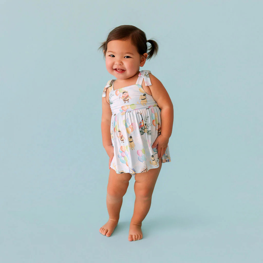 Pixar Blue Girl Disney Pixar’s Up Bow Babydoll Bodysuit Dress | Posh Peanut® | Posh Peanut