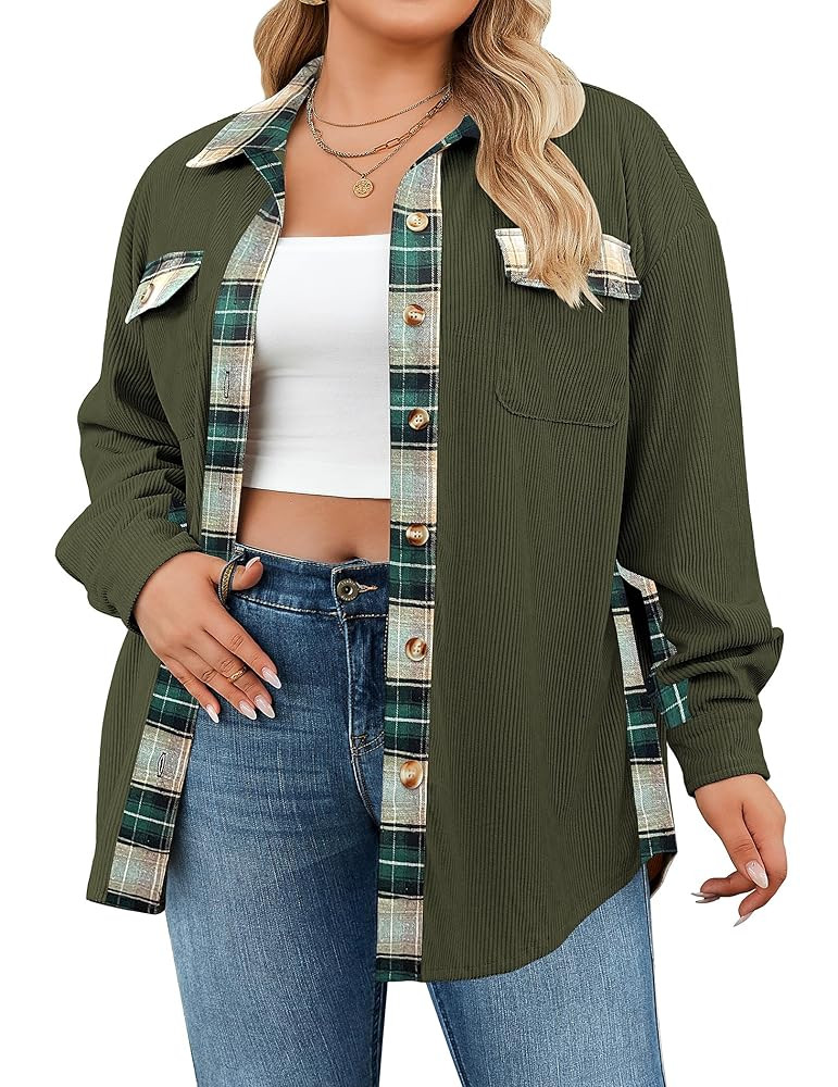 IN'VOLAND Womens Plus Size Corduroy Shacket Jacket Plaid Button Down Shirts Boyfriend Casual Long... | Amazon (US)