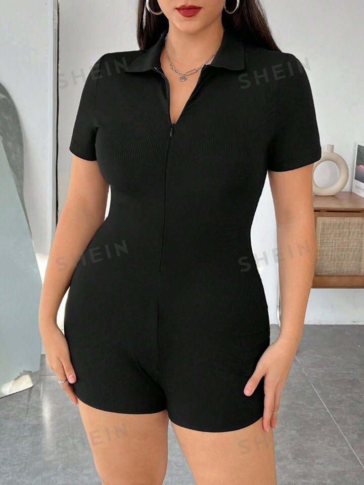 SHEIN EZwear Plus Size Women's Knitted Tight Short Sleeve Romper | SHEIN