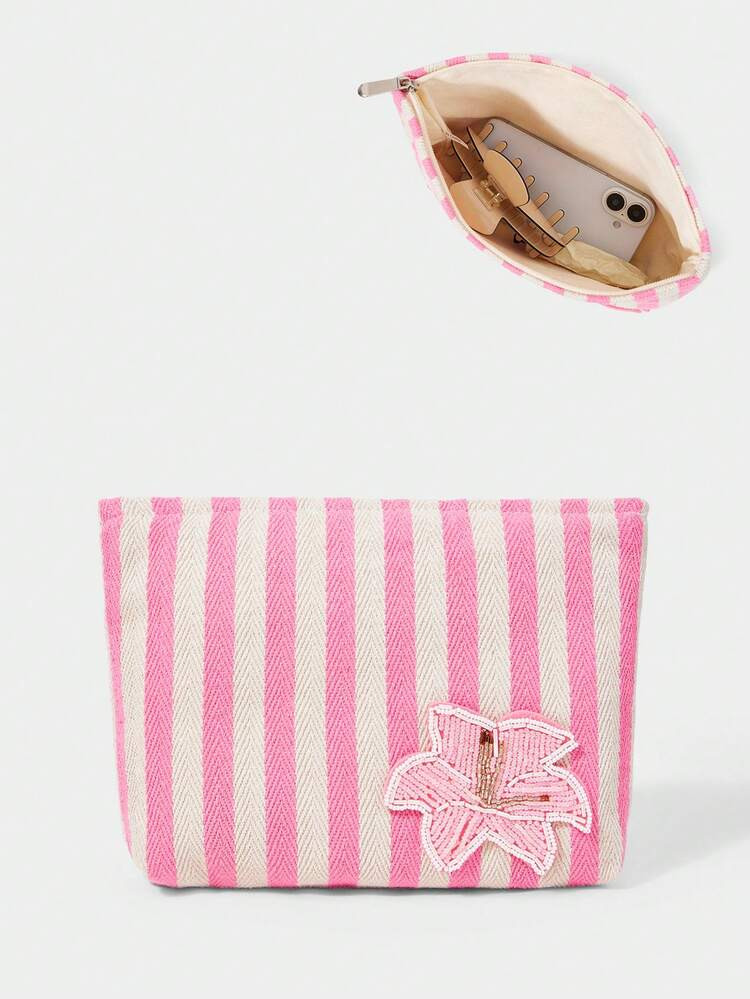 SHECARRY 1 Piece Women's Fashion And Simple Summer Nautical Wind Pink And White Striped Beaded Fl... | SHEIN