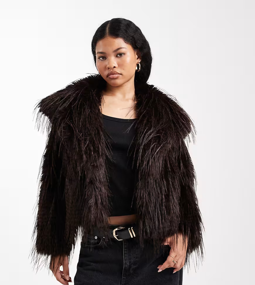 ASOS DESIGN Petite short faux fur jacket in chocolate-Brown | ASOS (Global)