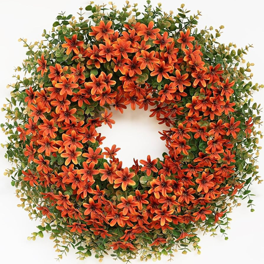 26" Large Artificial Eucalyptus Silk Flower Wreath for Outdoor(Fall Orange) | Amazon (US)