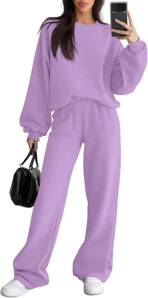 Women's 2 Piece Outfits Set Fleece Lined Lounge Sweatsuit Crewneck Pullover Top Wide Leg Pants Ca... | Amazon (US)