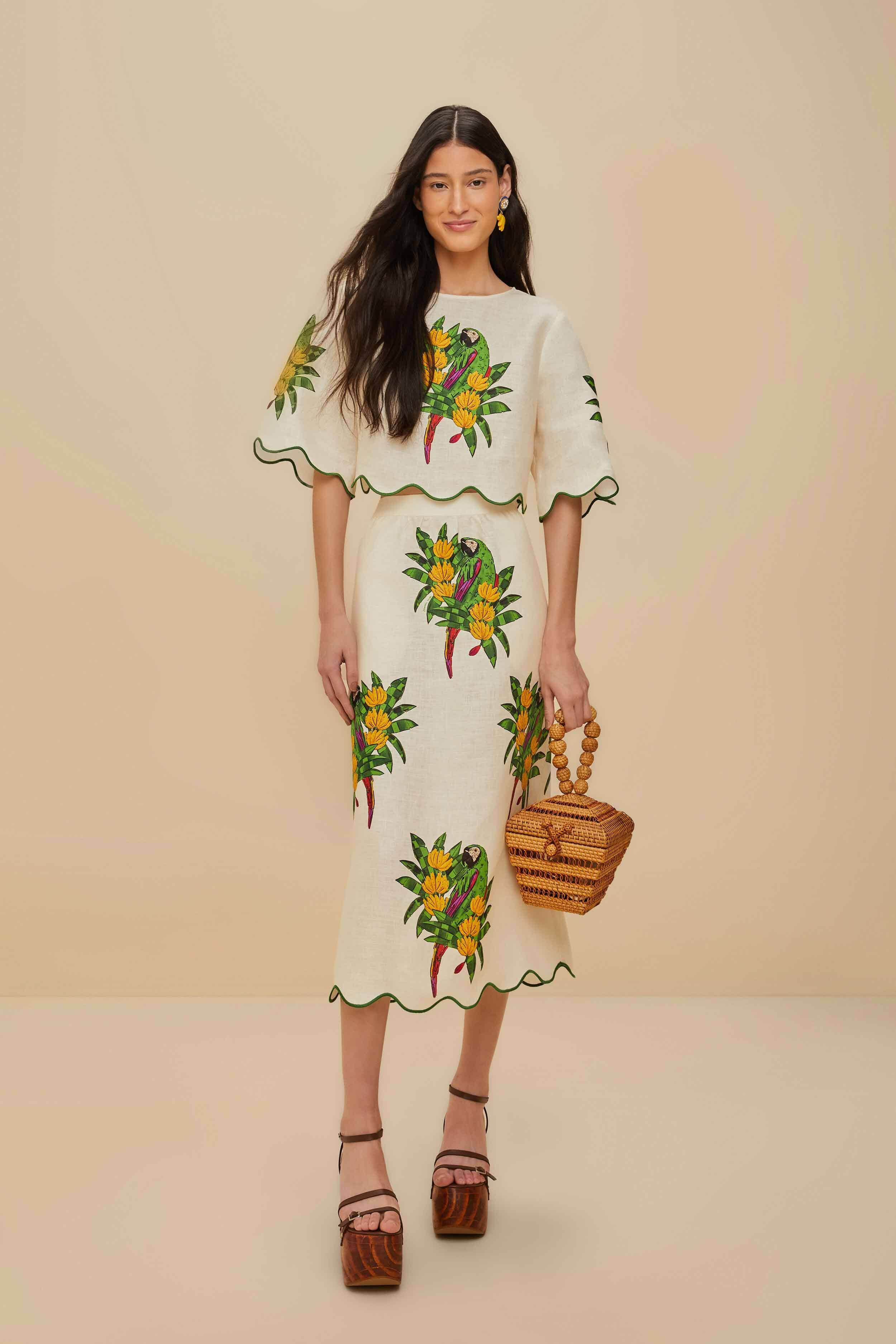 Off-White Maracana Bird Euroflax™ Premium Linen Midi Skirt | Farm Rio UK