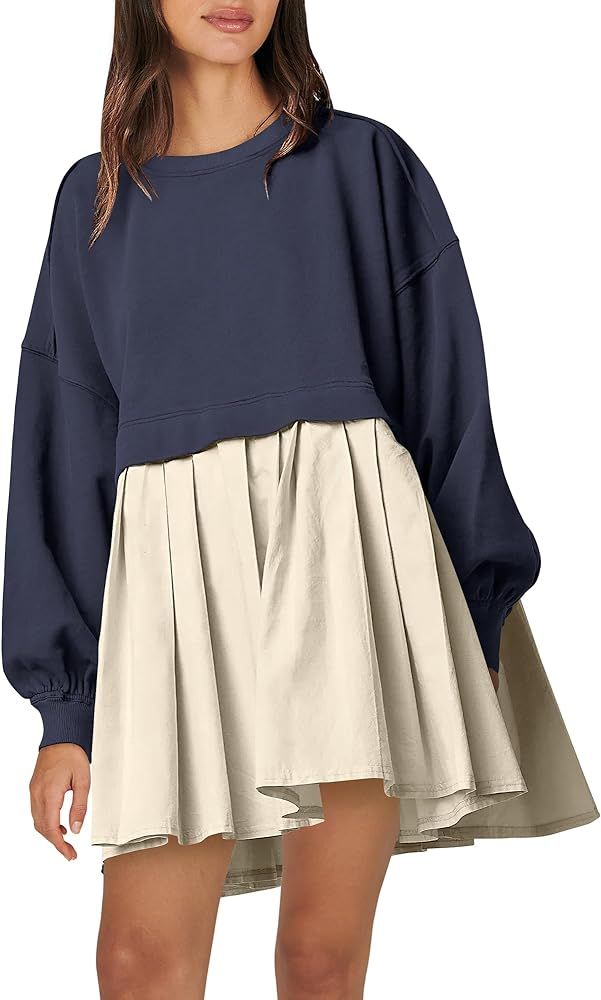 Caracilia Women Oversized Sweatshirt Dress Long Sleeve Crewneck Pullover Casual Loose Patchwork F... | Amazon (US)