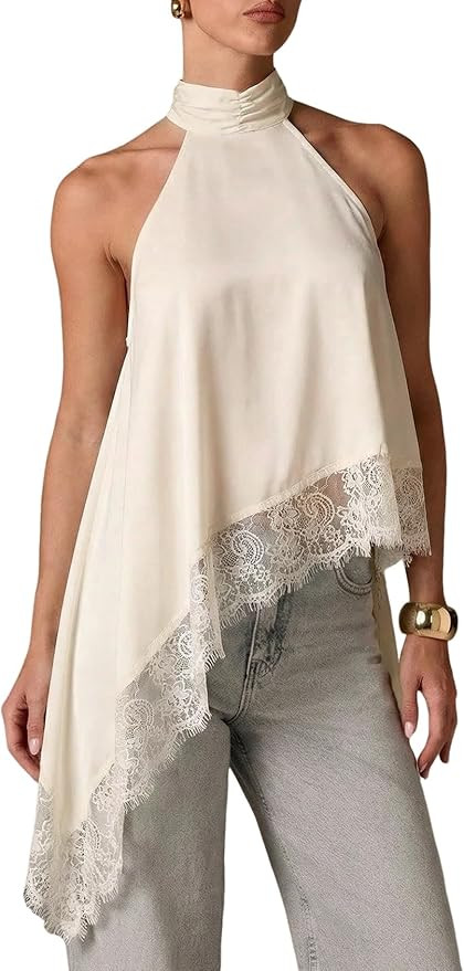 Yimoon Halter Tops for Women Y2k Mock Neck Sleeveless Top Lace Asymmetrical Hem Going Out Tank To... | Amazon (US)