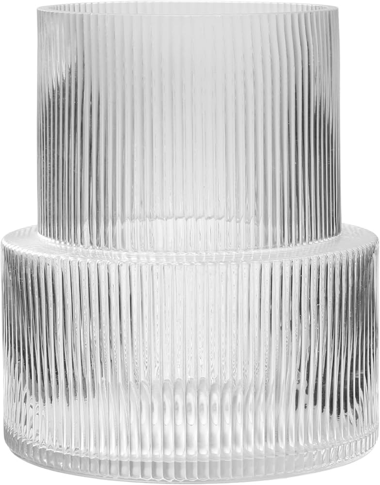 Ribbed Glass Vase, Clear Glass Vase for Flowers, Wide Mouth Modern Fluted Vase for Centerpieces 7... | Amazon (US)