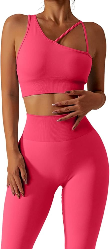 QINSEN Workout Sets for Women Seamless Sports Crop Tops High Waisted Leggings Two Piece Outfits | Amazon (US)