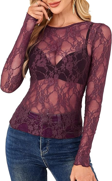 OFEEFAN Womens Mesh Tops Lace Long Sleeve Shirts Crewneck Slim Fitted Outfits See Through Blouses | Amazon (US)