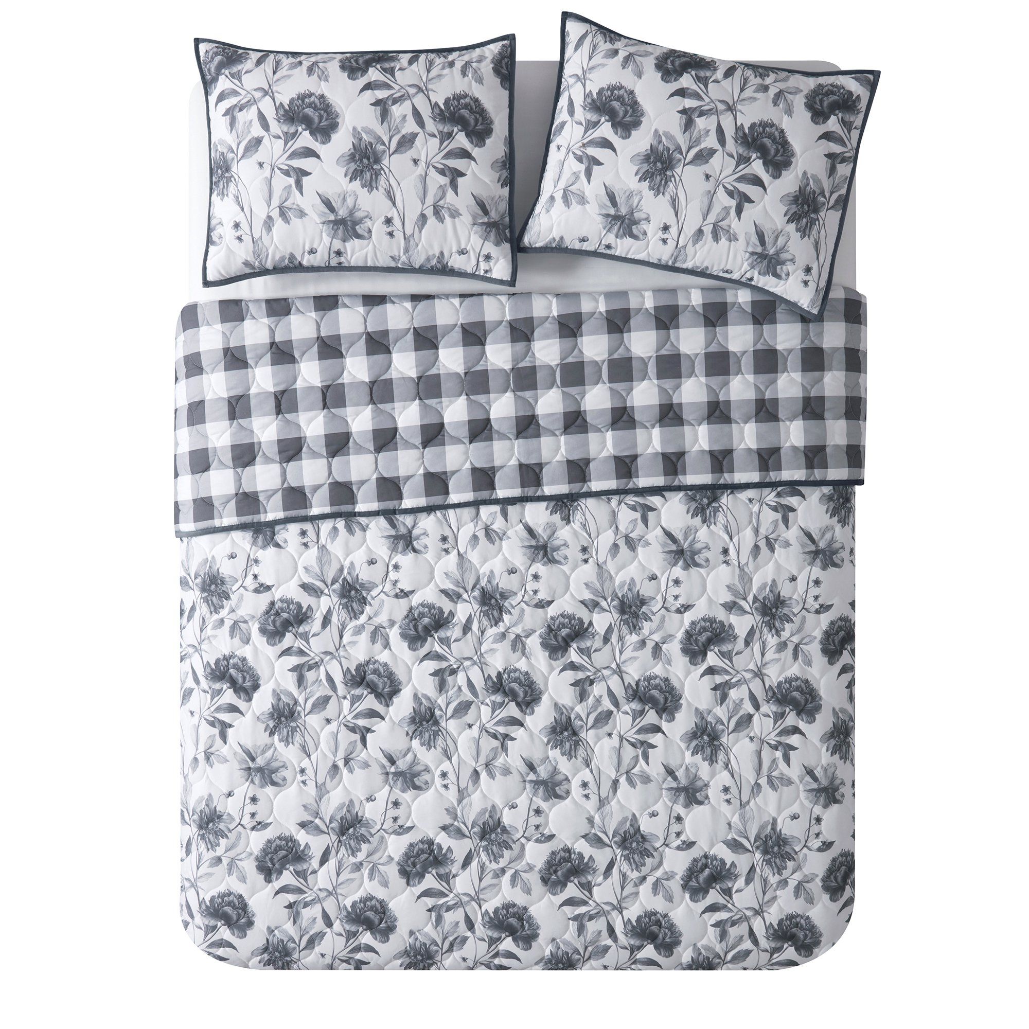 My Texas House Primrose Reversible Floral Microfiber Quilt Coverlet Set, Full/Queen, Grey | Walmart (US)