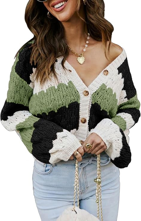 ECOWISH Women's Cropped Cardigan Sweaters 2025 Fall Striped Color Block Long Sleeve Button Up Kni... | Amazon (US)
