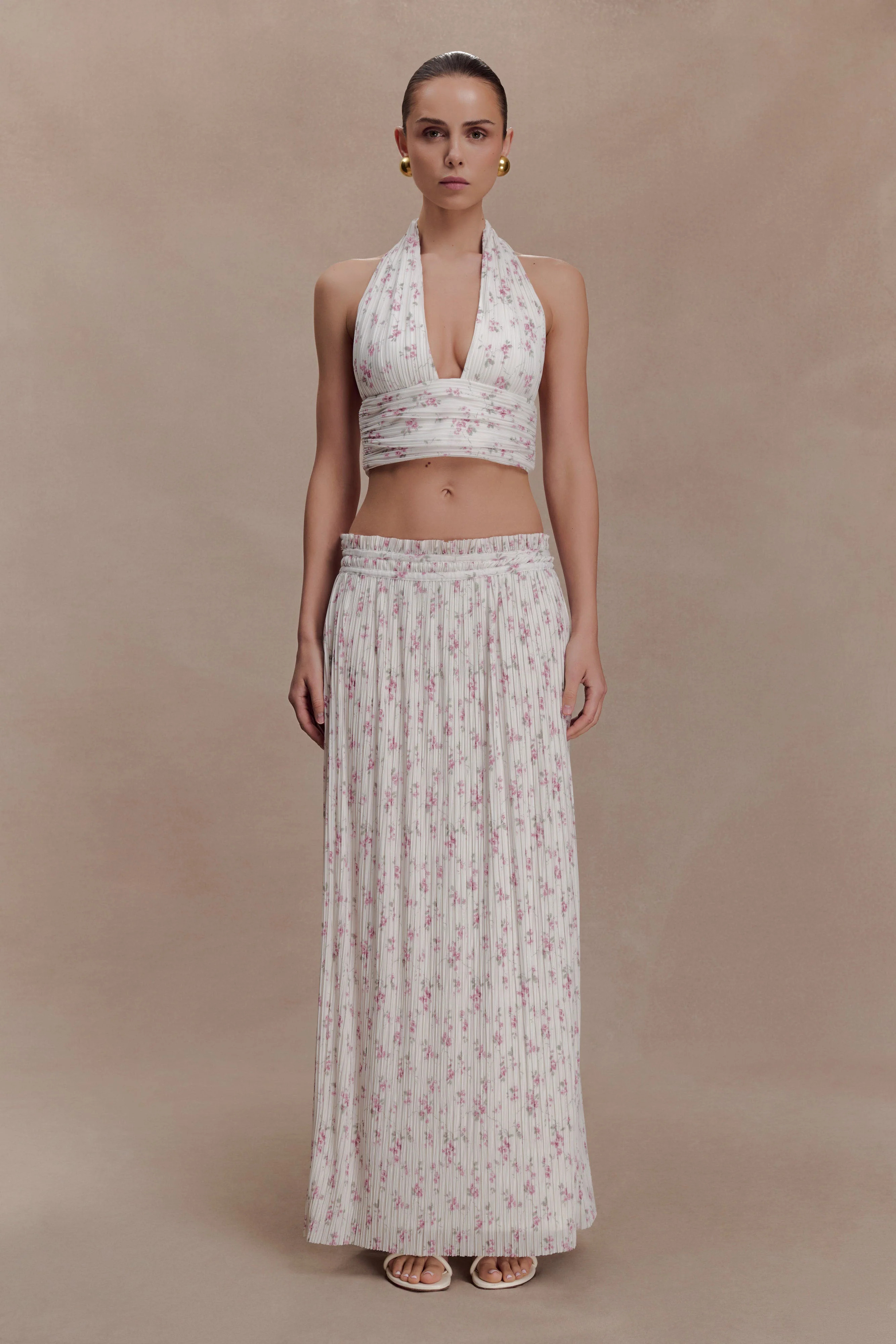Gathered Plisse Maxi Skirt - Floral Ditsy Print | MESHKI US