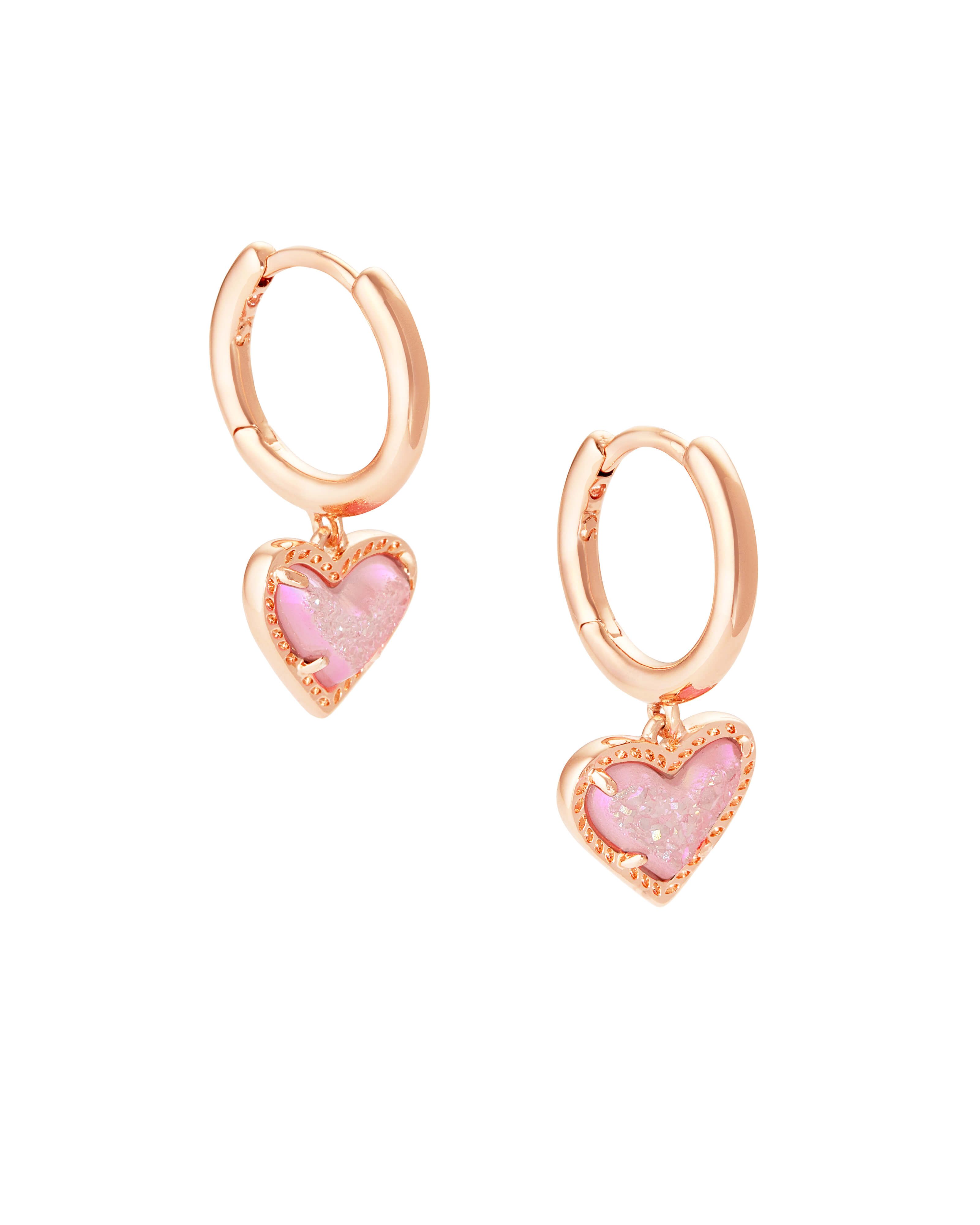 Ari Heart Rose Gold Huggie Earrings in Light Pink Drusy | Kendra Scott