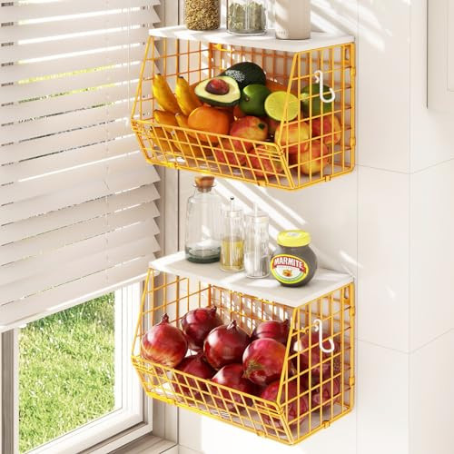 Mefirt Gold 2 Tier Stackable Fruit Basket, Kitchen Organizer With Wood Lid, Countertop and Hanging Storage for Fruits, Veggies, and Bread | Amazon (US)