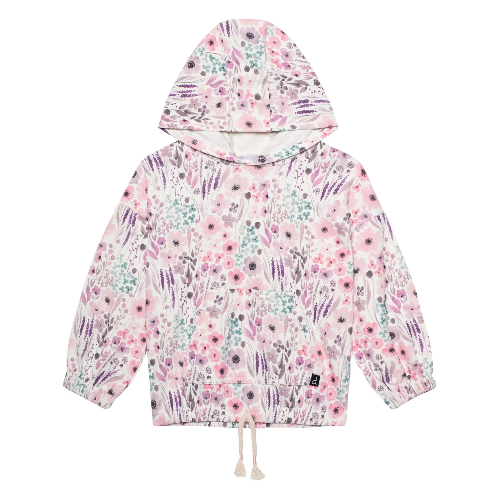 Printed Long Sleeve Hooded Sweatshirt Pink Watercolor Flowers | Deux par Deux Childrens Designer Clothing