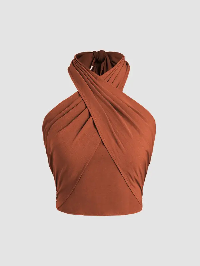 CROSS HALTER SHIRRED BACK CROP TOP | Cider