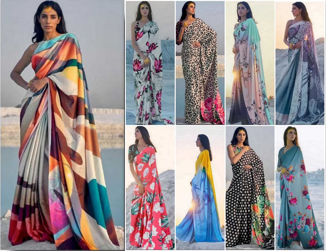 New Bollywood Style Wedding Fancy Saree Indian Designer Ethnic Satin Silk Digital Printed Saree E... | Etsy (US)