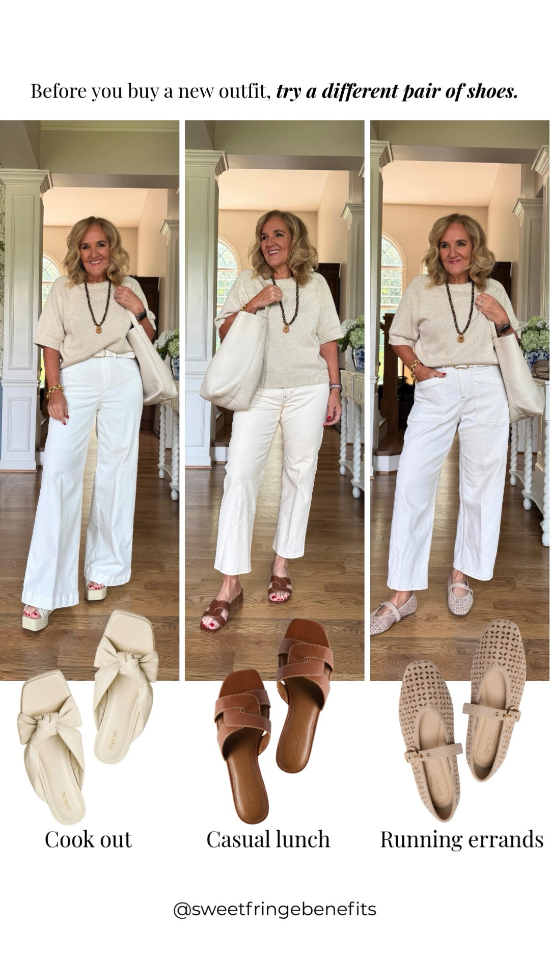 Before buying a new outfit, try a different pair of shoes! The same white outfit can feel completely different with bow slides, brown sandals, or woven flats.

💡 LTK MADE EASY
❤️ Heart = Support my posts!
🔖 Save = Get sale & restock alerts
📋 Lists = Keep favorites organized
📲 Share = Send lists and products to a friend. Hello, Christmas List!
💬 Comment = Ask me anything about what I'm wearing.:-)

#LTKootd #LTKWorkwear #LTKOver40