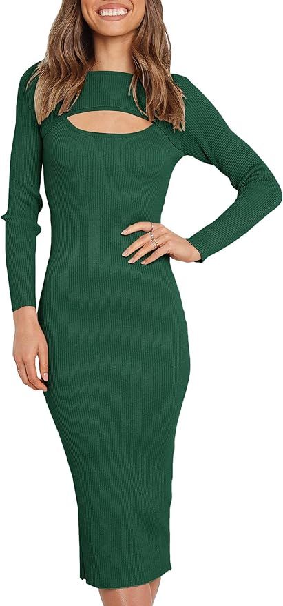 LOGENE Women's Cutout Ribbed Long Sleeve Sweater Dress Crew Neck Slim Fit Knitted Midi Dress | Amazon (US)