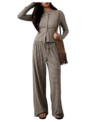 WDIRARA Women's Striped 2 Piece Pants Outfits Long Sleeve Button Down Knit Top Set Leisure Fall C... | Amazon (US)