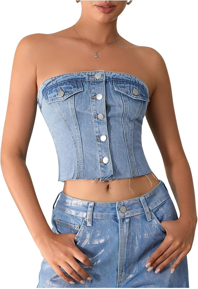 Milumia Women's Button Front Denim Tube Top Raw Hem Strapless Bandeau Jean Tops | Amazon (US)