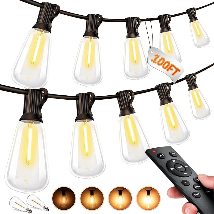 Outdoor String LED Patio Lights - 100Ft 30M Outside Waterproof Light with Remote Dimmable ST38 Sh... | Amazon (US)