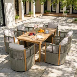 Nasir 7-Piece Solid Wood Patio Outdoor Dining Set with Beige Cushions, Swivel Chairs with Rope, Light Teak + Light Grey | The Home Depot