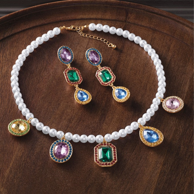 Faux Pearls with Colorful Crystal Pendants Necklace & Earring Set | Ashro