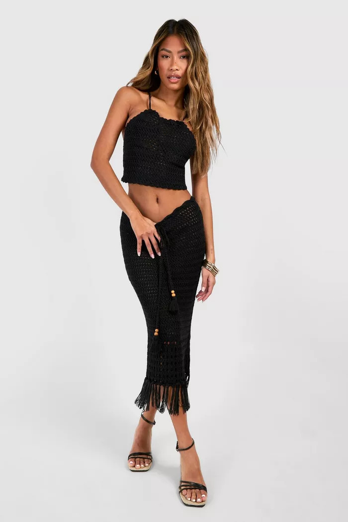 Premium Crochet Tassel Maxi Skirt And Halterneck Top Set | Boohoo.com (UK & IE)