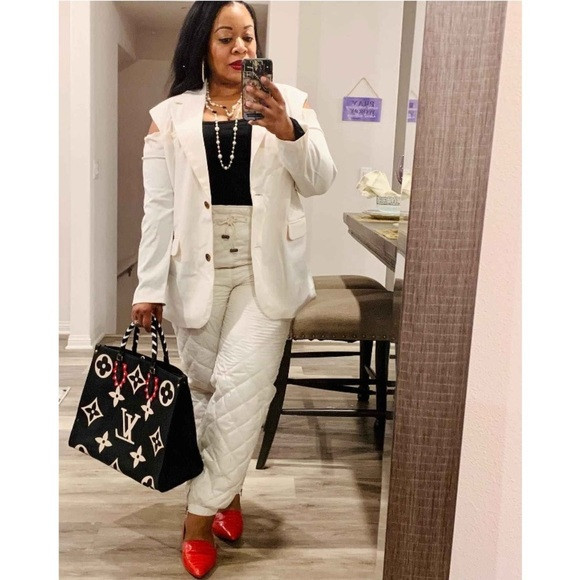 Future collective kahlana barfield brown open shoulder white blazer nwt | Poshmark