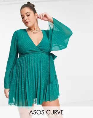 ASOS DESIGN Curve dobby pleated wrap mini dress in antique green | ASOS (Global)