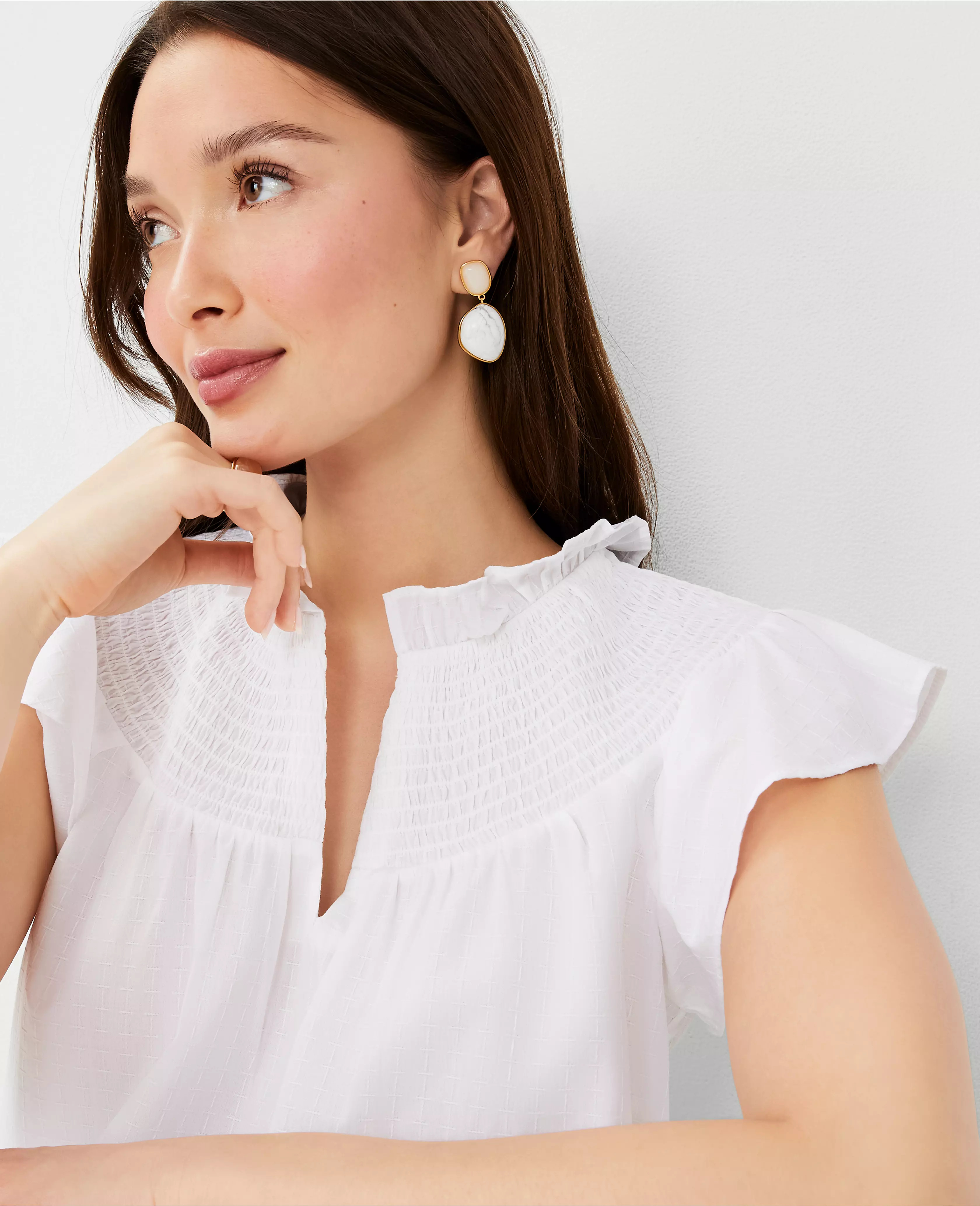 Petite Smocked Ruffle Flounce Sleeve Popover | Ann Taylor (US)