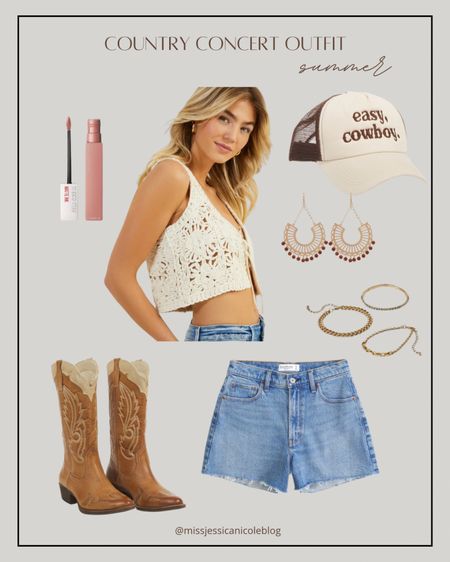 Summer country concert outfit idea, outdoor concert, crochet tank top, trucker hat trend, brown cowboy boots, western style, nude lip, western style jewelry

#LTKFestival #LTKstyletip #LTKSeasonal