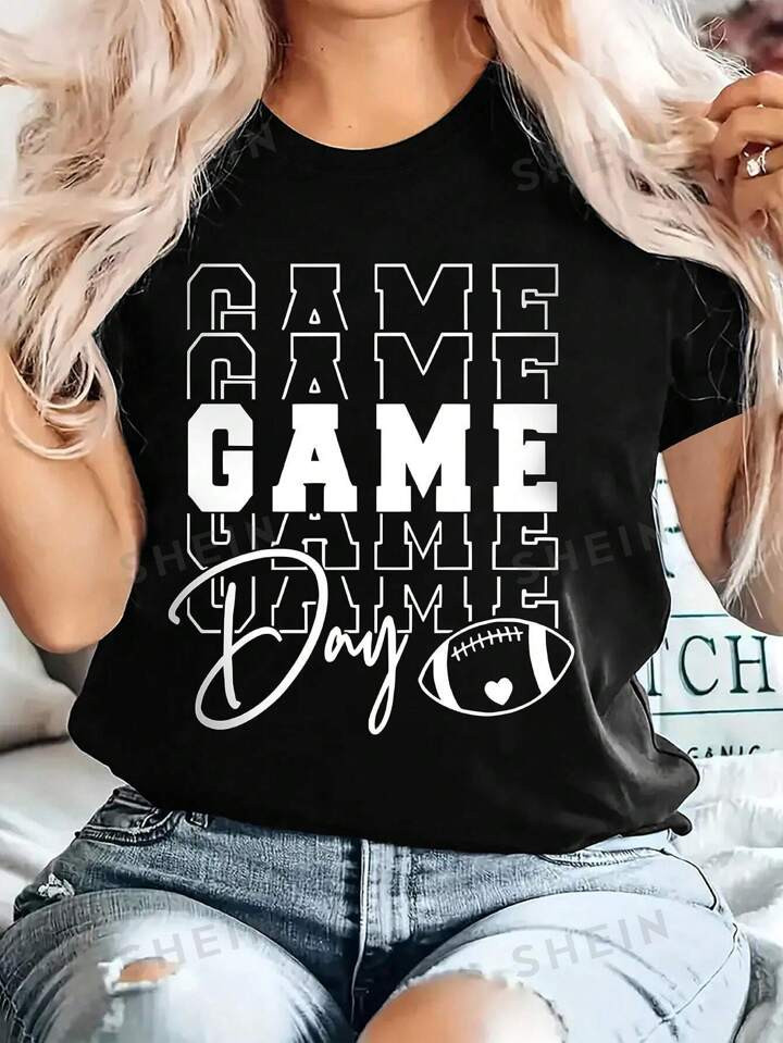 SHEIN LUNE Camiseta De Rugby De Fútbol De Mujer Con Estampado De Letras, Cuello Redondo, Manga C... | SHEIN