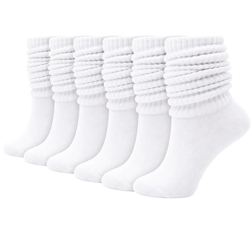 Winterlace 6 Pairs Slouch Socks for Women, Heavy Extra Long Cotton Scrunch Crew Sock, Bulk pack (White) | Amazon (US)