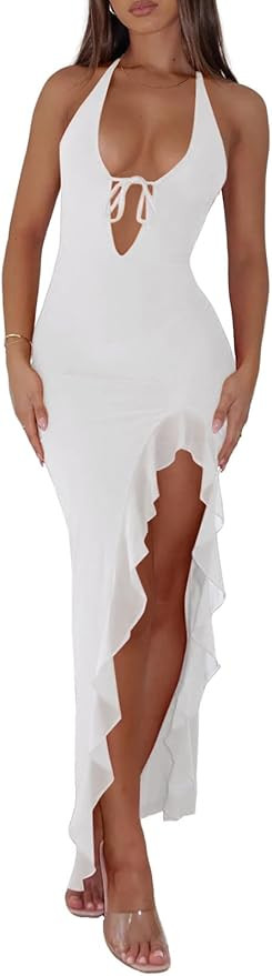 Women Sexy Halter V Neck Maxi Dress Mesh Ruffle Hem Bodycon Backless High Slit Cocktail Party Wed... | Amazon (US)