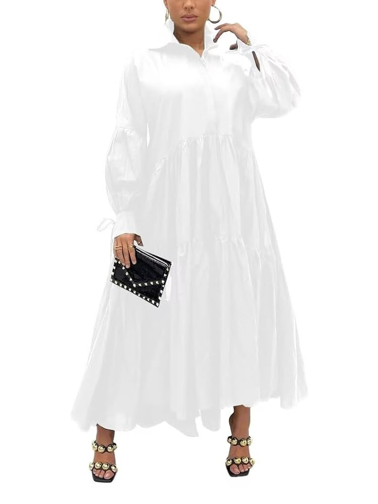 Women's Long Sleeve Maxi Shirt Dress Elegant Button Down Loose Swing Party Dress | Amazon (US)