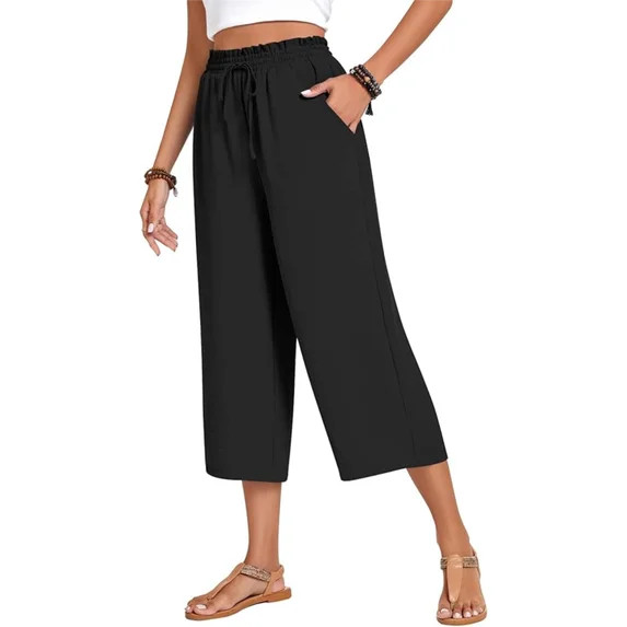 Olaglory Capri Pants for Women Drawstring Casual Palazzo Trousers with Pockets Loose High Waisted... | Walmart (US)