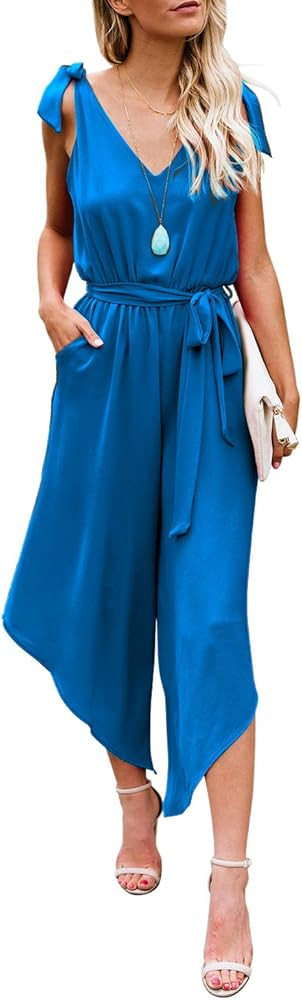 BELONGSCI Women Outfit Sleeveless Shoulder Bandage Waistband Sexy V-Neck Wide Leg Long Jumpsuit w... | Amazon (US)