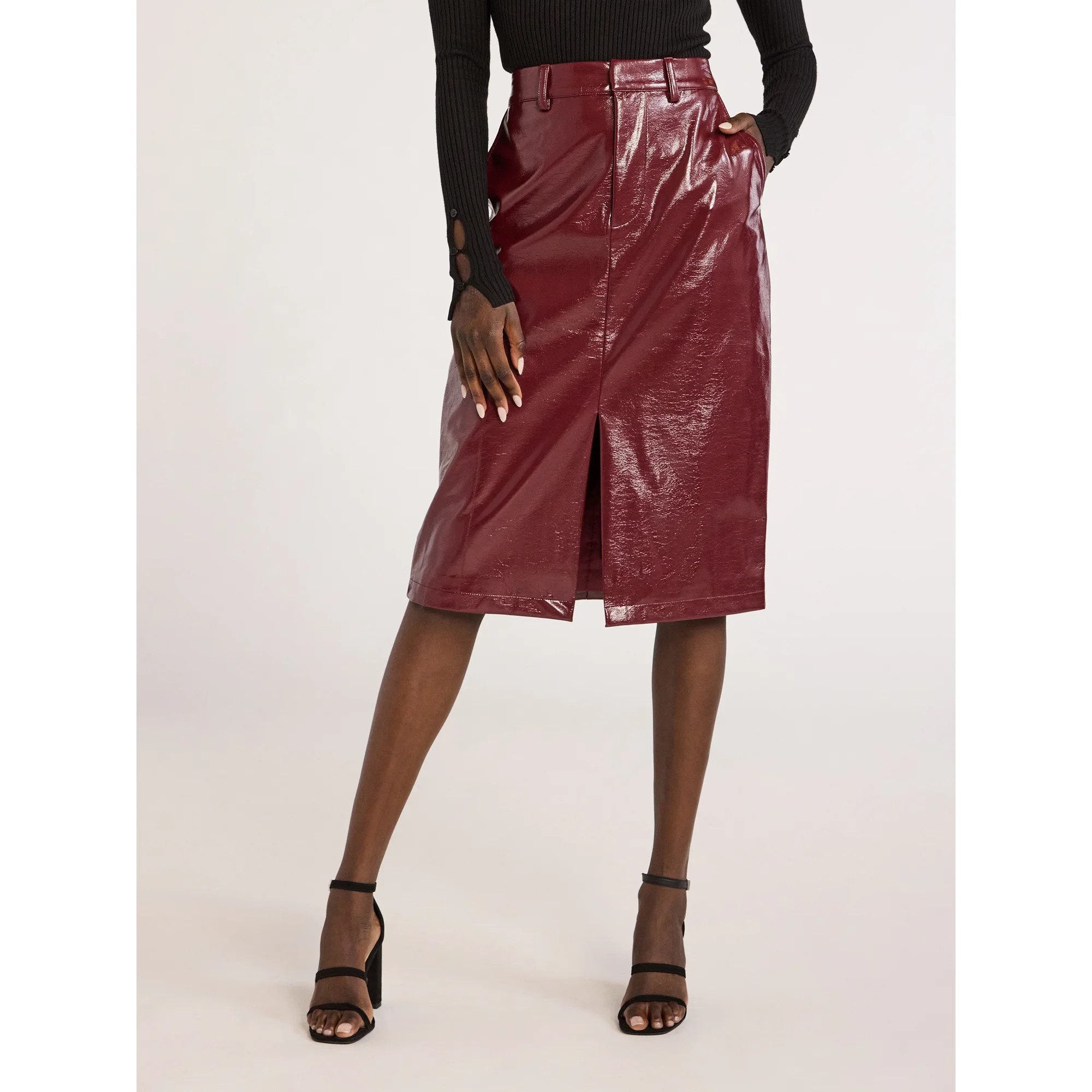 Scoop Women’s Ultimate Faux Patent Leather Front Slit Midi Skirt, Sizes 0-20 | Walmart (US)