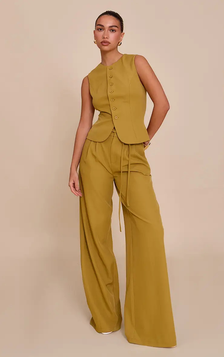 Mustard Tailored Tie Detail Woven Wide Leg Trousers Co-ord | PrettyLittleThing USA | PrettyLittleThing US