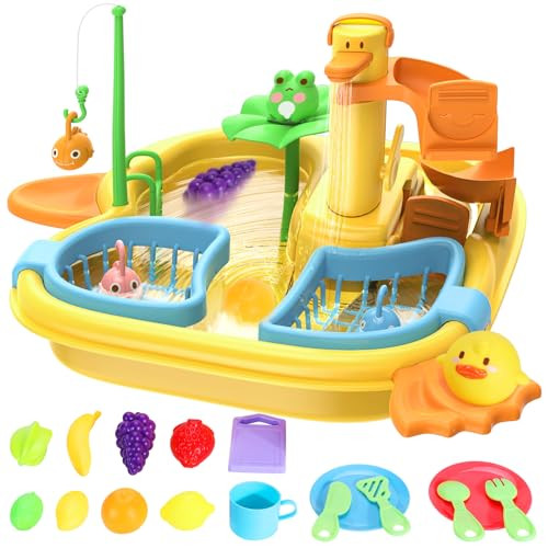 ITEFDTUTNE Play Sink with Running Water, 2 in 1 Kitchen Sink Toys Pool Floating Fishing Game with Automatic Water Cycle System, Cutting Food, Water Toys for Toddlers, Kids Role Play Dishwasher Toy | Amazon (US)