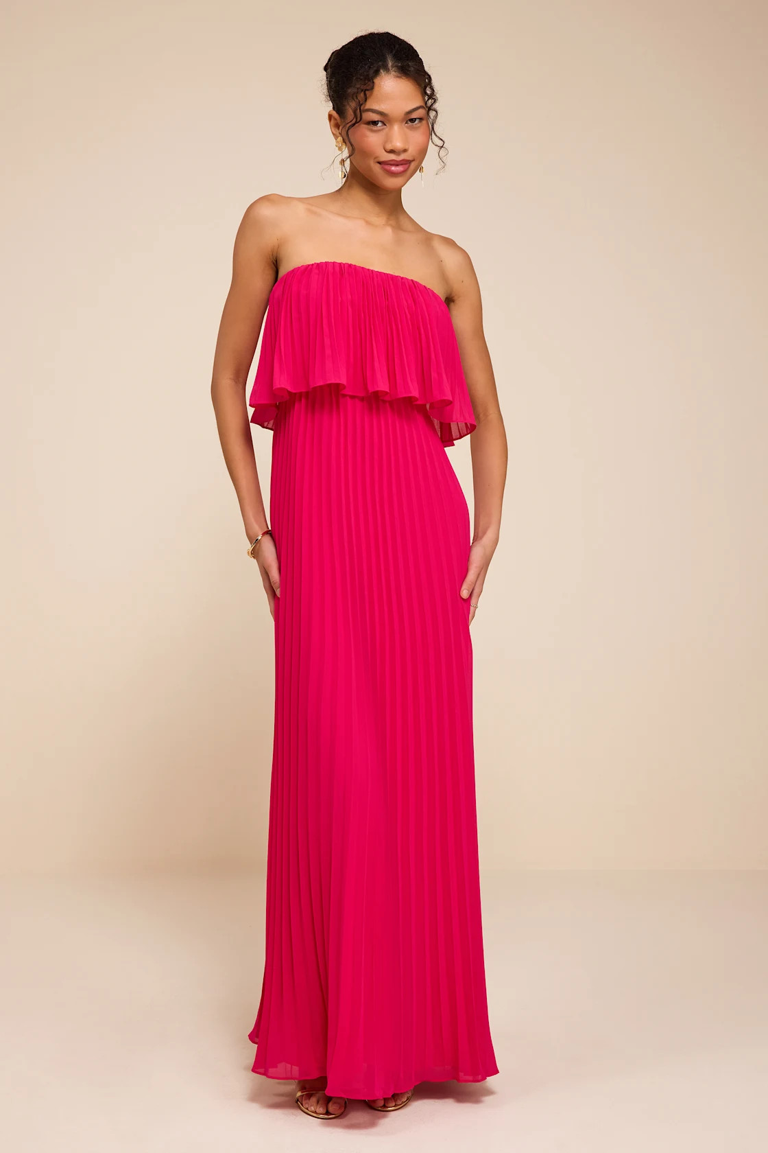 Arietta Hot Pink Pleated Strapless Maxi Dress | Lulus