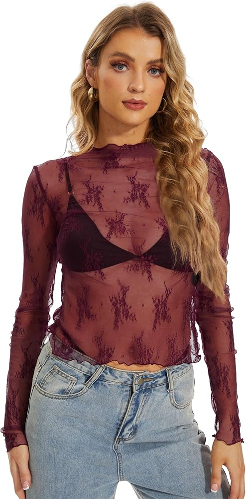 PICPUNMAK Women See Through Floral Embroidery Long Sleeve T Shirt Sexy Mesh Sheer Mock Neck Layer... | Amazon (US)