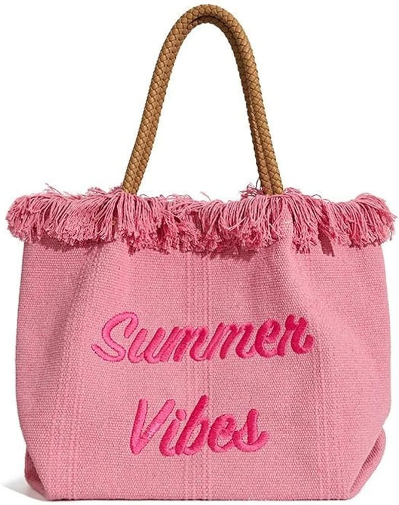 Large Beach Bag Tote Bag for Women Summer Vibe Shoulder Bag with Tassels Aesthetic Handbag for Vacation Holidays | Amazon (US)
