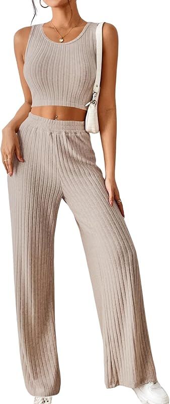 ZAFUL Women Two Piece Pajamas Set Solid Ribbed Knit Crop Tank Top Wide Leg Pants Loungewear Set | Amazon (US)