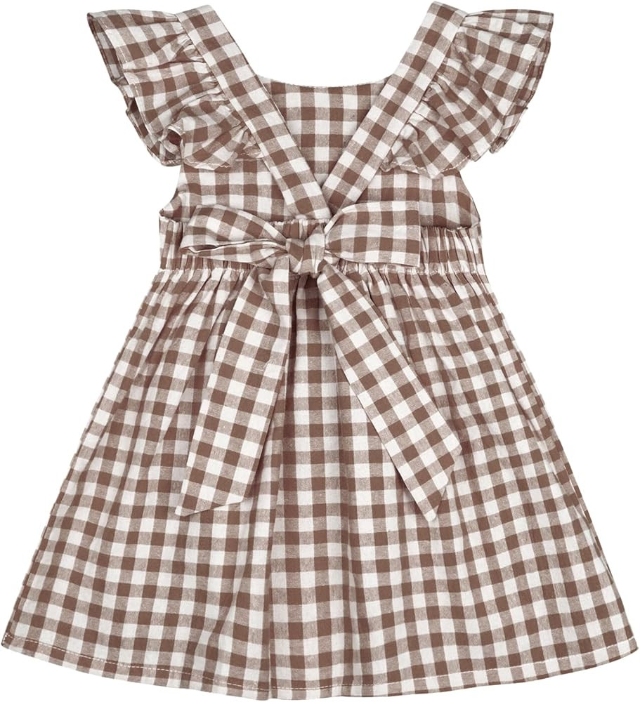AGQT Baby Girls Plaid Dress Flutter Sleeve Gingham Spring Summer Dresses Size 6M-8T | Amazon (US)