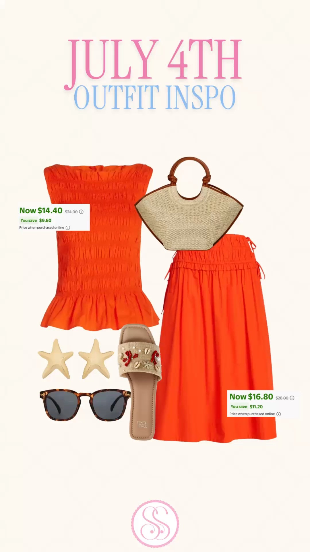 Walmart Fourth of July outfit | July 4th outfit women | Walmart summer outfit | Walmart finds | vacation outfit

Last-minute Fourth of July outfit idea, all from Walmart.

This red Walmart outfit is such an easy way to do July 4th style subtly. The smocked strapless top, matching flowy skirt, raffia handbag, starfish earrings, beaded flat sandals, and tortoise sunglasses give it that polished summer vacation feel while still working perfectly for fireworks, cookouts, pool parties, beach trips, lake weekends, and casual July 4th plans.

The top and skirt are both marked down right now, and each piece can be worn separately too: the smocked top with white denim or shorts, the skirt with a white tank or swimsuit, and the accessories with basically every summer outfit in your closet.

This is a strong Walmart summer outfit for Fourth of July weekend, beach vacation outfits, resort outfits, poolside lunches, patio dinners, girls trips, lake days, cruise outfits, summer parties, and warm-weather travel.

Walmart Fourth of July outfit, July 4th outfit women, Fourth of July outfit women, Walmart outfit, Walmart style, Walmart finds, Walmart fashion finds, Walmart summer outfit, Walmart summer finds, Walmart sale finds, Walmart deals, red summer outfit, orange summer outfit, patriotic outfit, Americana outfit, vacation outfit, vacation outfits women, beach vacation outfit, resort outfit, summer outfit, summer outfits women, smocked top, strapless top, maxi skirt, skirt outfit, matching set, raffia bag, starfish earrings, beaded sandals, tortoise sunglasses, last minute outfit

#LTKFindsUnder50 #OutfitInspo #WalmartFinds #WalmartStyle #FourthOfJulyOutfit #SummerOutfit #VacationOutfit

#LTKSaleAlert #LTKSeasonal #LTKootd