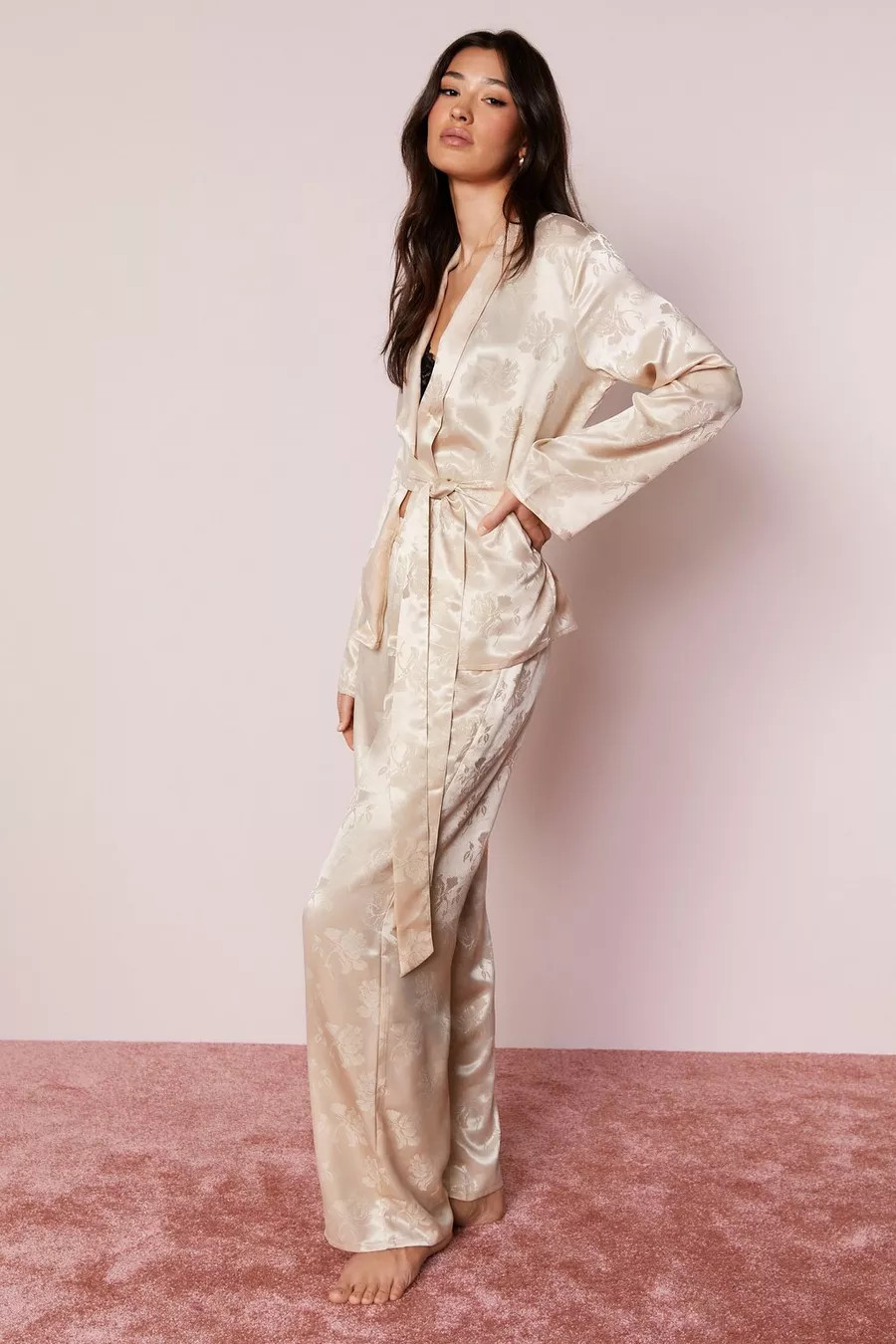 Satin Floral Jacquard Belted Pajama Pants Set | Nasty Gal US